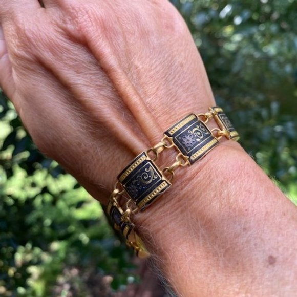 VTG Spanish Damascene Square Gold Link Bracelet and Earrings SET - Picture 2 of 10